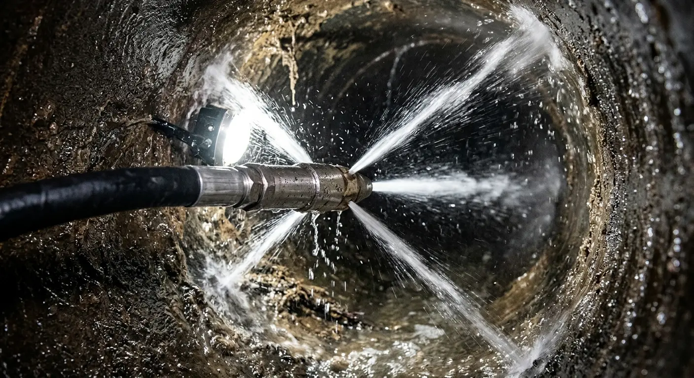 High-pressure hydro jetting nozzle cleaning sewer pipe for Storm Drain Cleaning in Bedford